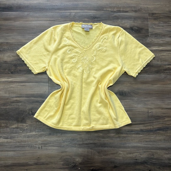 TanJay Sunny Yellow Embroidery Beaded Short Sleeve Tee - Picture 1 of 4
